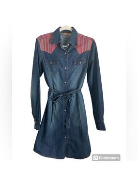 Wrangler Dark Blue Denim Maxi Dress with Red Stripe Yoke